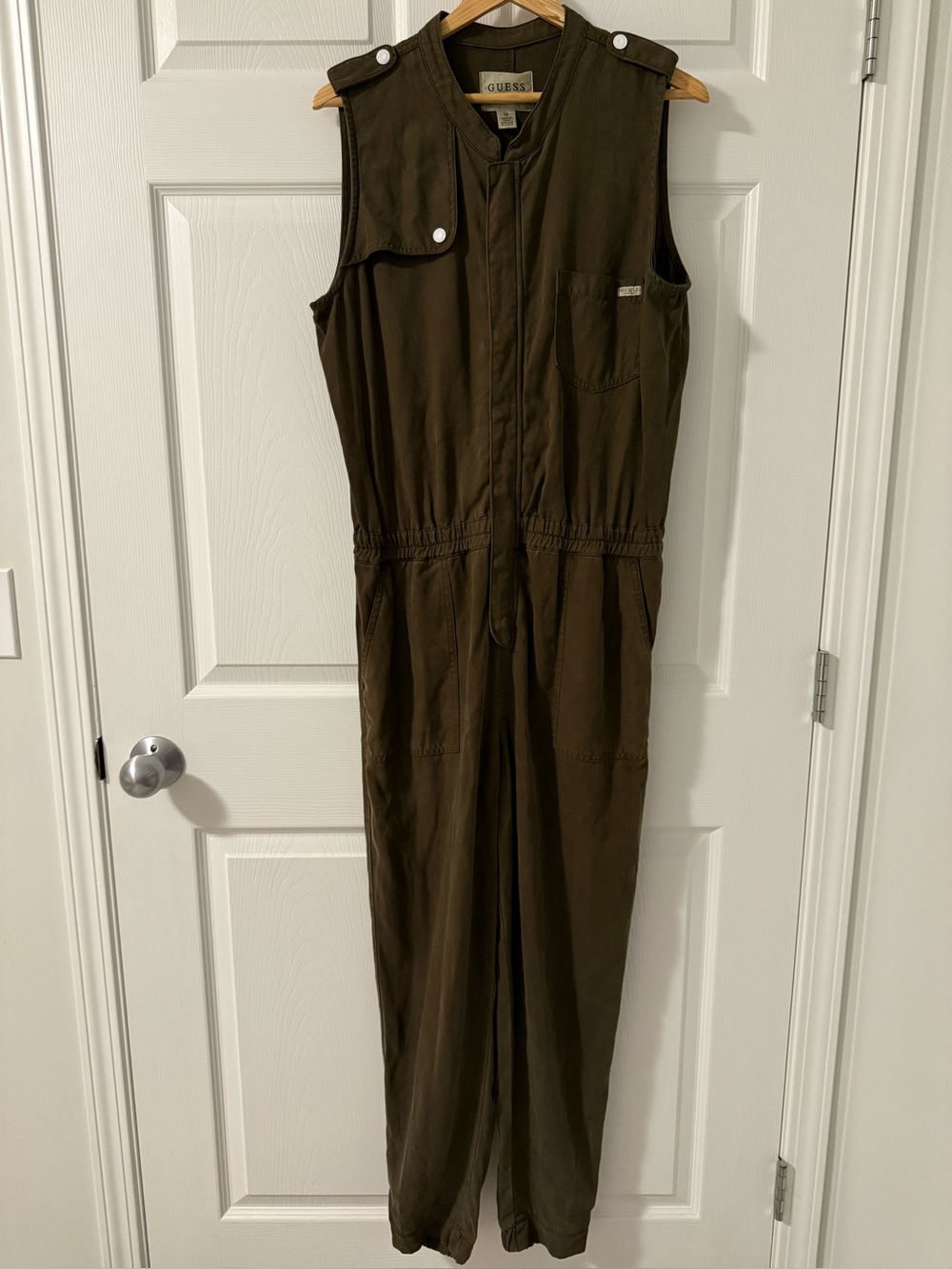 GUESS Size 10 Tencel Utility Cargo Jumpsuit Military Safari Olive